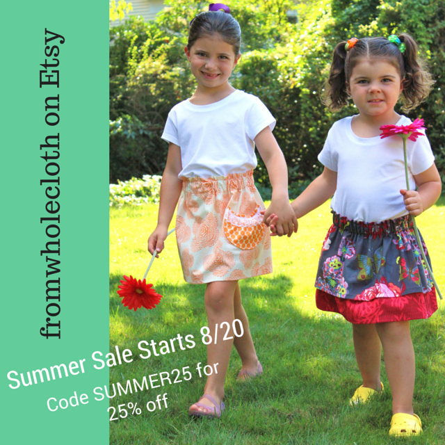 fromwholecloth Etsy shop sale, 25% off in-stock items, use code SUMMER25, all sales final, no returns